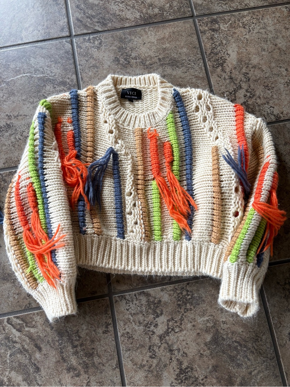 VICI Cream Sweater with Orange, Blue, Green & Tan Fringe
